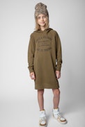 Blake Children’s Dress - Children’s khaki cotton hoodie dress with insignia print