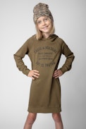 Blake Children’s Dress - Children’s khaki cotton hoodie dress with insignia print