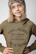 Blake Children’s Dress - Children’s khaki cotton hoodie dress with insignia print