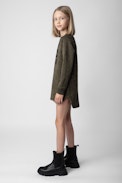 Kleid AI für Mädchen - Kleid aus Baumwolle mit Molton-Futter in Khaki mit Strasssteinen für Mädchen.