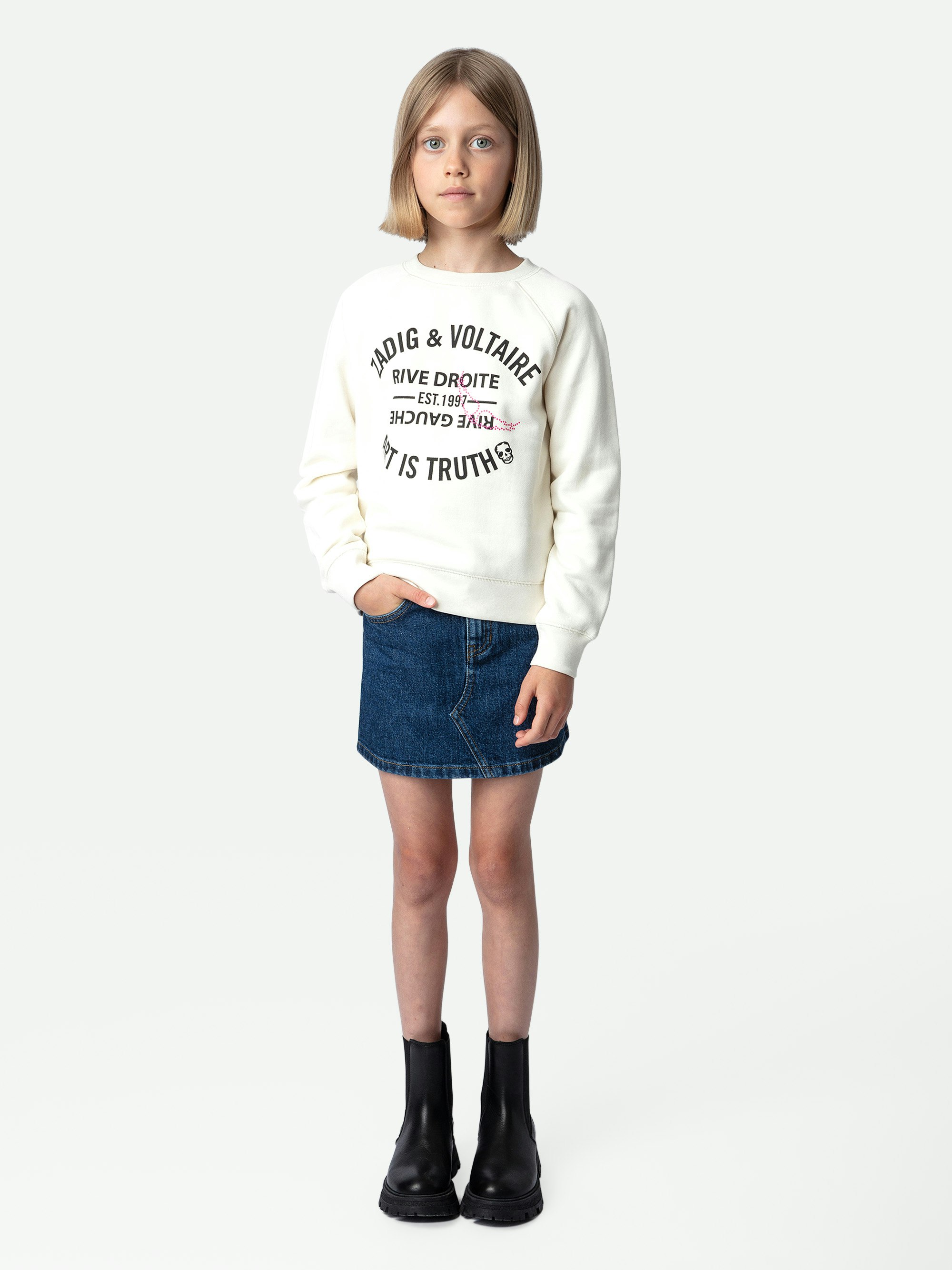 Sweatshirt Upper für Mädchen - Sweatshirt aus Baumwolle mit Molton-Futter in Beige mit Badge für Mädchen.
