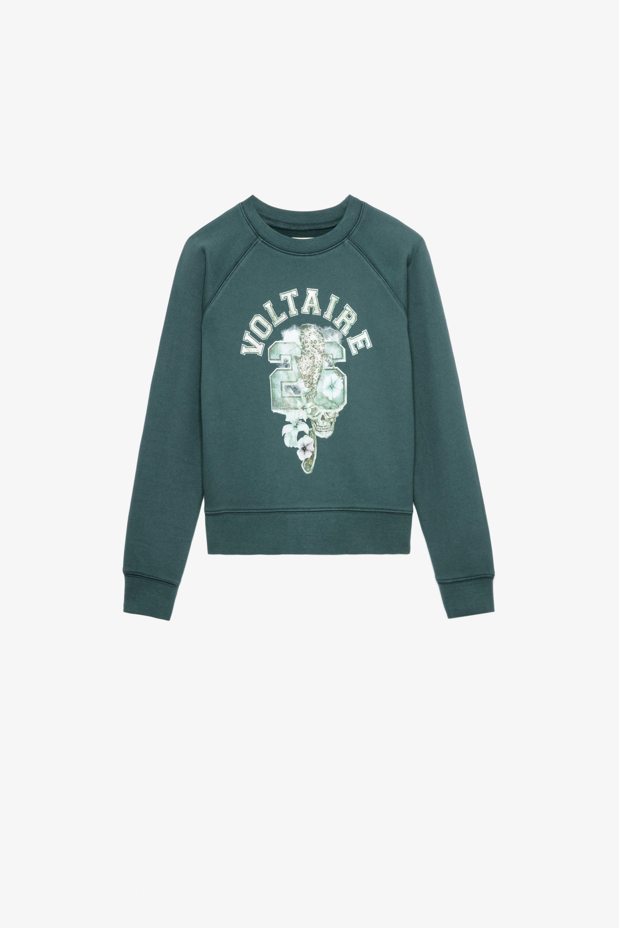Sweatshirt Upper für Mädchen - Grünes Sweatshirt aus Baumwolle mit Molton-Futter mit einer Voltaire-Illustration für Mädchen.