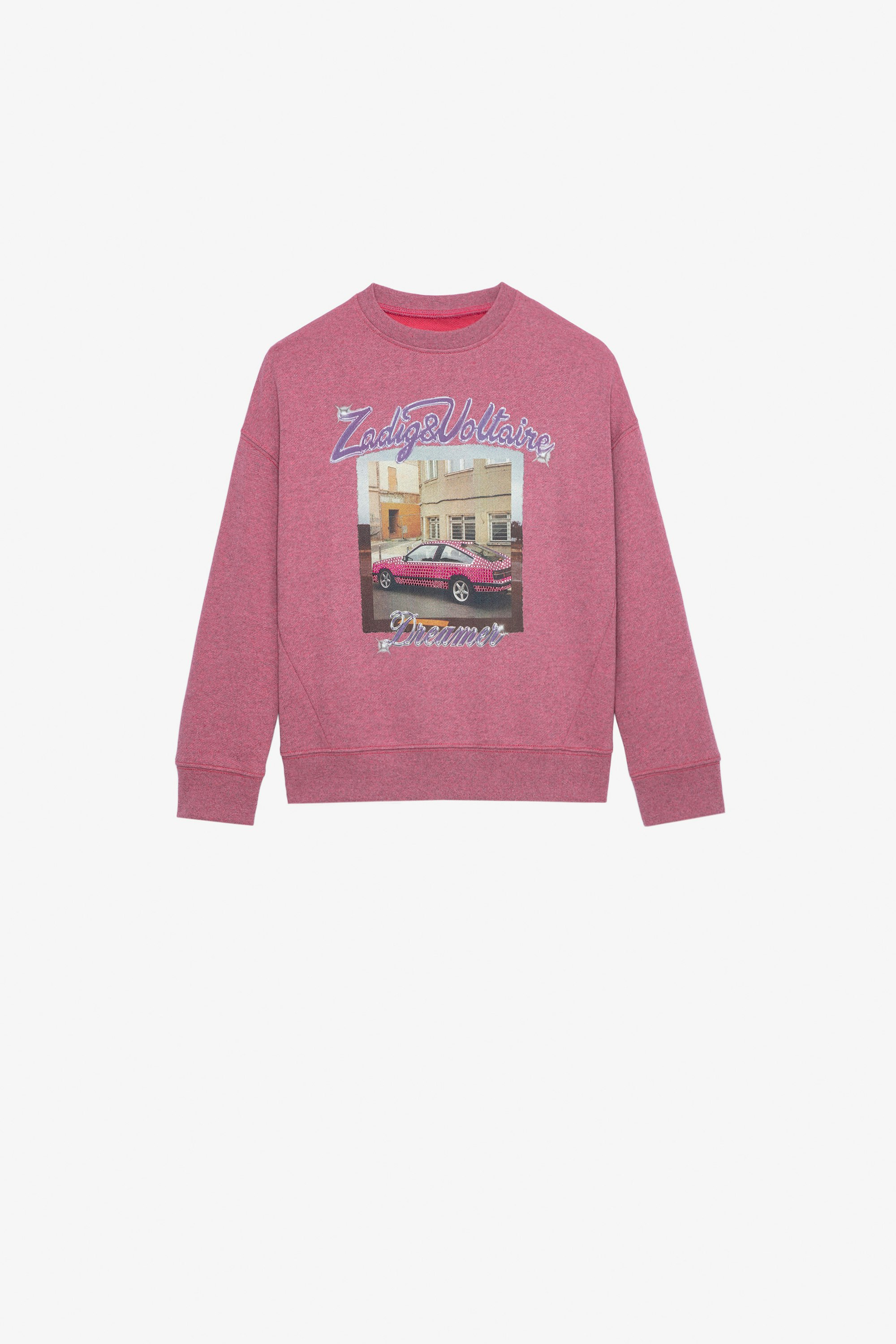 Sweatshirt Liberty für Mädchen - Sweatshirt aus melierter Baumwolle mit Molton-Futter in Rosa mit Illustrationen für Mädchen.
