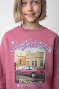 Liberty Girls’ Sweatshirt - Girls’ pink marl cotton fleece sweatshirt with illustration.