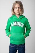 Spencer Girls’ Sweatshirt - Girls’ green cotton fleece hoodie with “Amour” slogan.