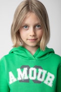 Spencer Girls’ Sweatshirt - Girls’ green cotton fleece hoodie with “Amour” slogan.