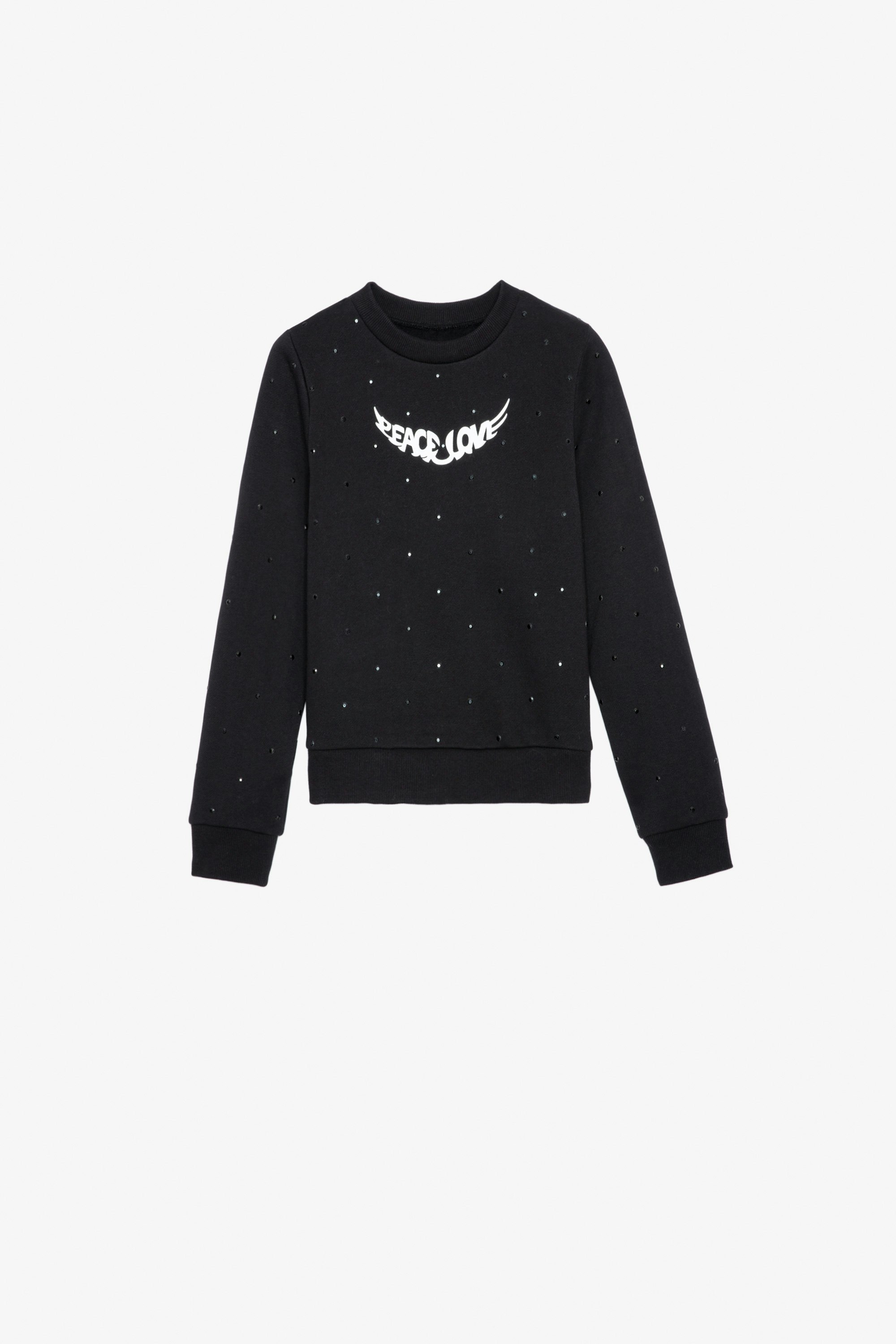 Sweatshirt Upper für Mädchen - Sweatshirt aus Baumwolle mit Molton-Futter in Schwarz mit Strasssteinen und Flügelmotiv für Mädchen.