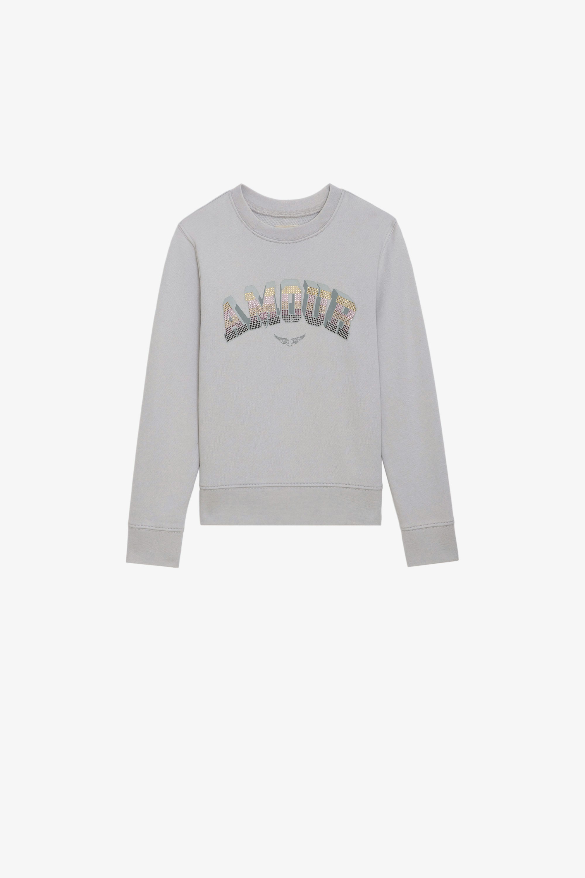 Hailey Girls’ Sweatshirt - Girls’ grey cotton fleece sweatshirt with diamanté “Amour” slogan.