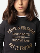 Sweatshirt Upper Fille - Sweatshirt molletonné en coton biologique noir à manches longues et broderie métallisée blason fille.