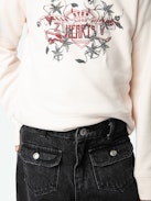 Girls' Upper Sweatshirt - Girls' long-sleeved light pink organic cotton fleece sweatshirt with metallic floral embroidery.