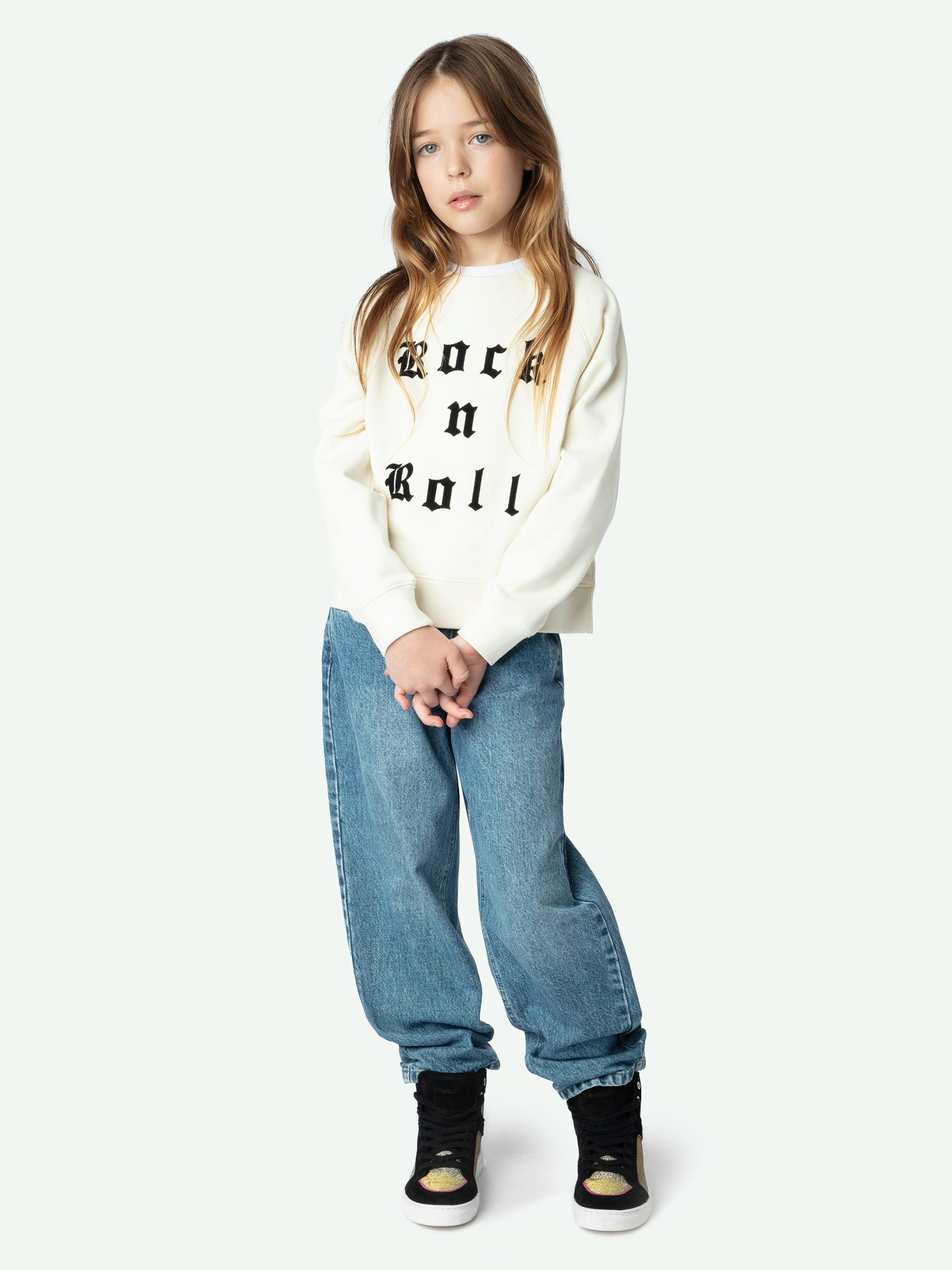 Upper Girl's Sweatshirt - Beige cotton fleece sweatshirt with flocked "Rock'n'Roll" message, rhinestones and embroidery.