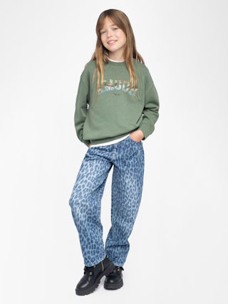 Hailey Girl's Sweatshirt - Overdyed heathered fleece sweatshirt. Fantasy "Amour" rhinestone illustration on the front.