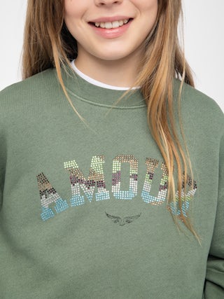 Hailey Girl's Sweatshirt - Overdyed heathered fleece sweatshirt. Fantasy "Amour" rhinestone illustration on the front.