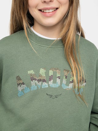 Hailey Girl's Sweatshirt - Overdyed heathered fleece sweatshirt. Fantasy "Amour" rhinestone illustration on the front.