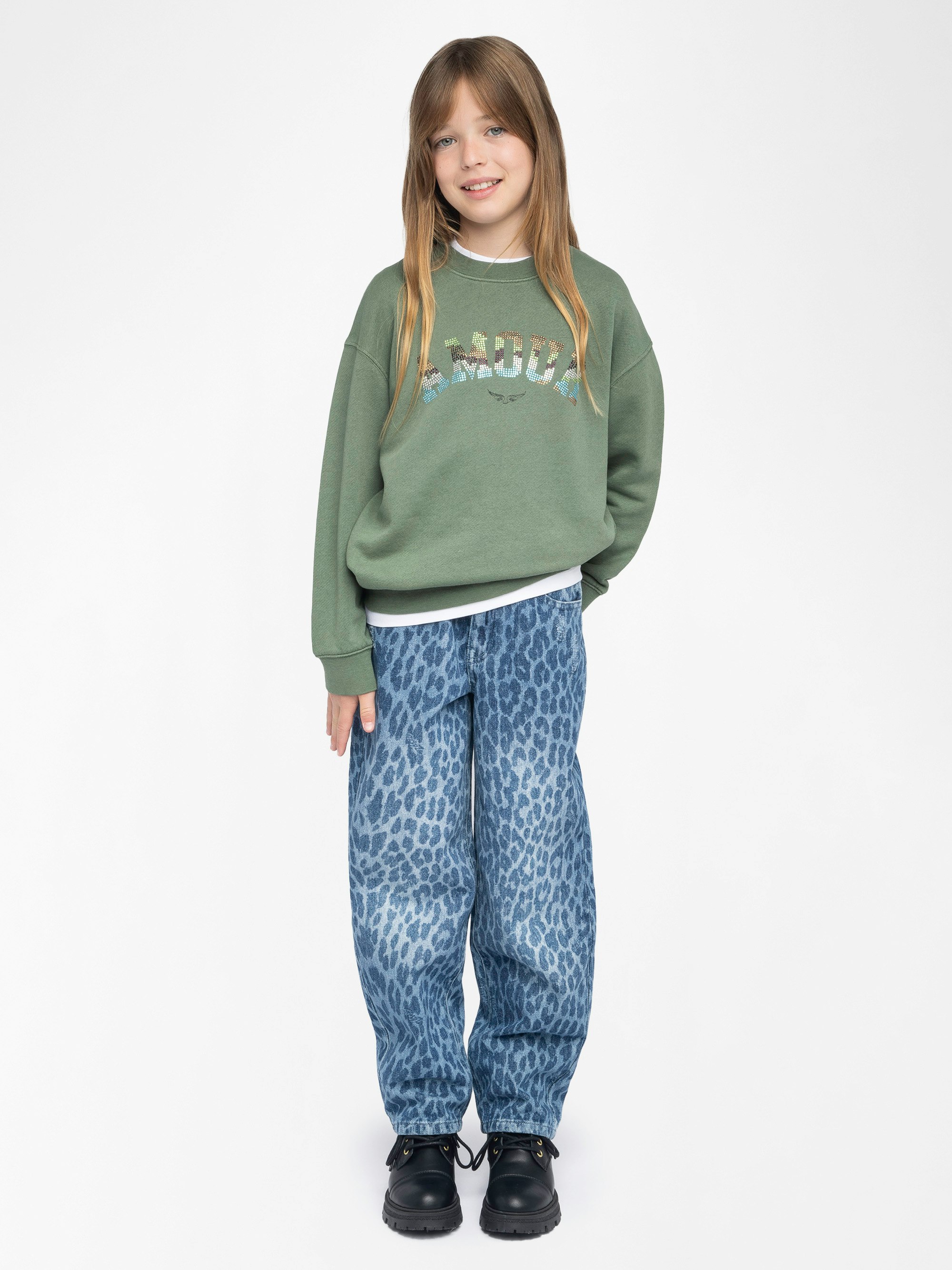 Hailey Girl's Sweatshirt - Overdyed heathered fleece sweatshirt. Fantasy "Amour" rhinestone illustration on the front.