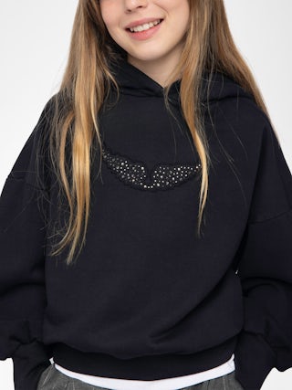 Justin Girl's Sweatshirt - Cotton hooded sweatshirt with rhinestone wing logo on the front.