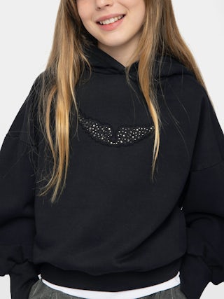 Justin Girl's Sweatshirt - Cotton hooded sweatshirt with rhinestone wing logo on the front.