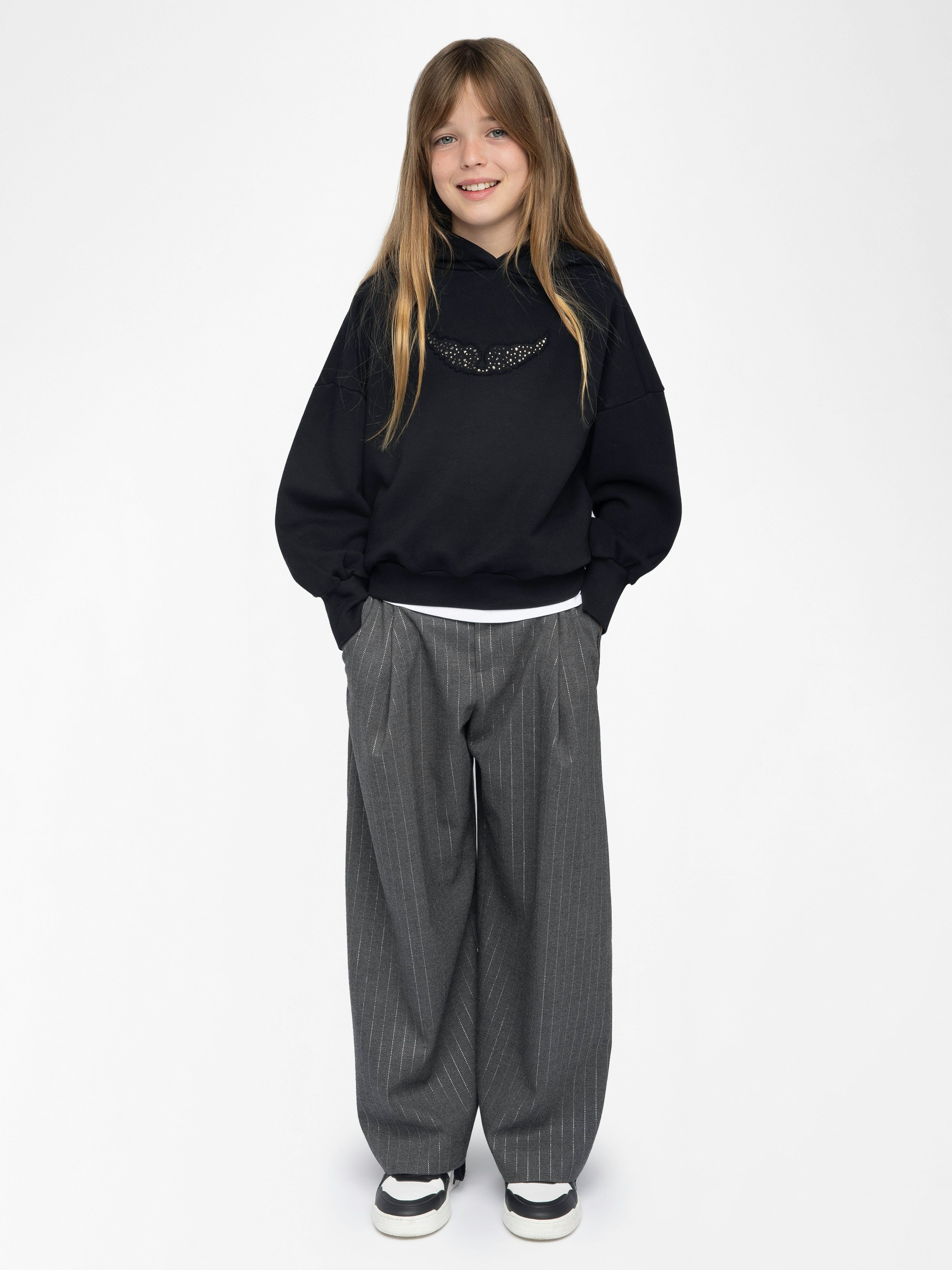 Justin Girl's Sweatshirt - Cotton hooded sweatshirt with rhinestone wing logo on the front.