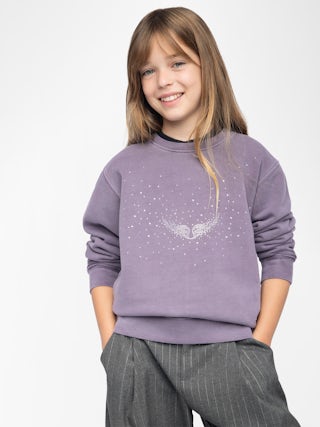 Sweatshirt Girl's Damson - Wide and long fleece sweatshirt with rhinestone wing on front surrounded by "rain" rhinestones.
