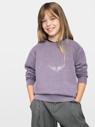 Sweatshirt Girl's Damson - Wide and long fleece sweatshirt with rhinestone wing on front surrounded by "rain" rhinestones.