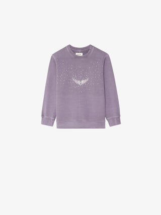 Sweatshirt Girl's Damson - Wide and long fleece sweatshirt with rhinestone wing on front surrounded by "rain" rhinestones.
