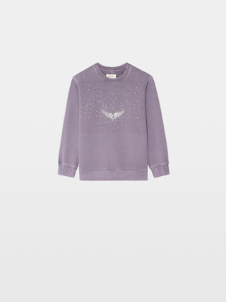 Sweatshirt Girl's Damson - Wide and long fleece sweatshirt with rhinestone wing on front surrounded by "rain" rhinestones.