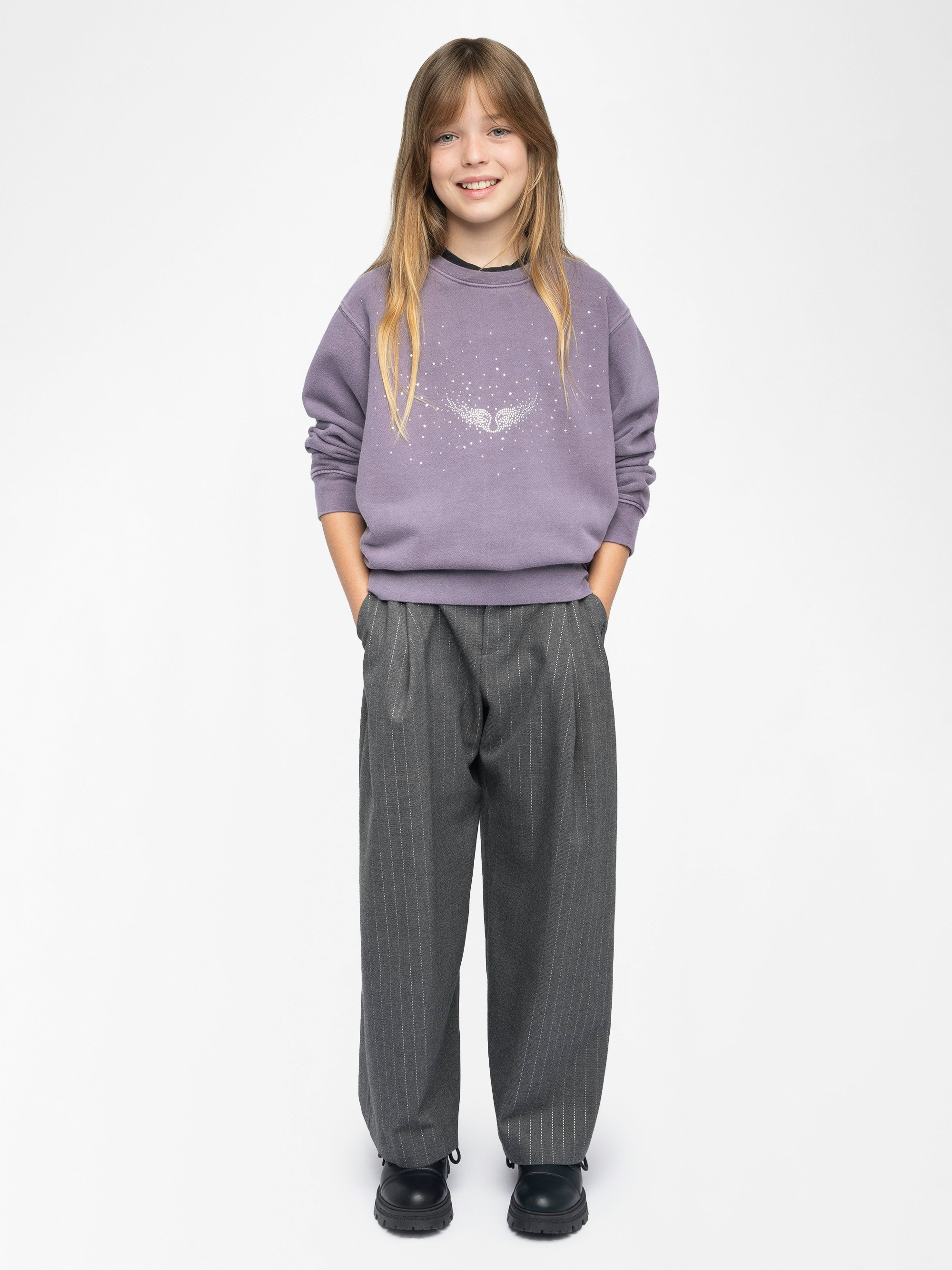 Sweatshirt Girl's Damson - Wide and long fleece sweatshirt with rhinestone wing on front surrounded by "rain" rhinestones.