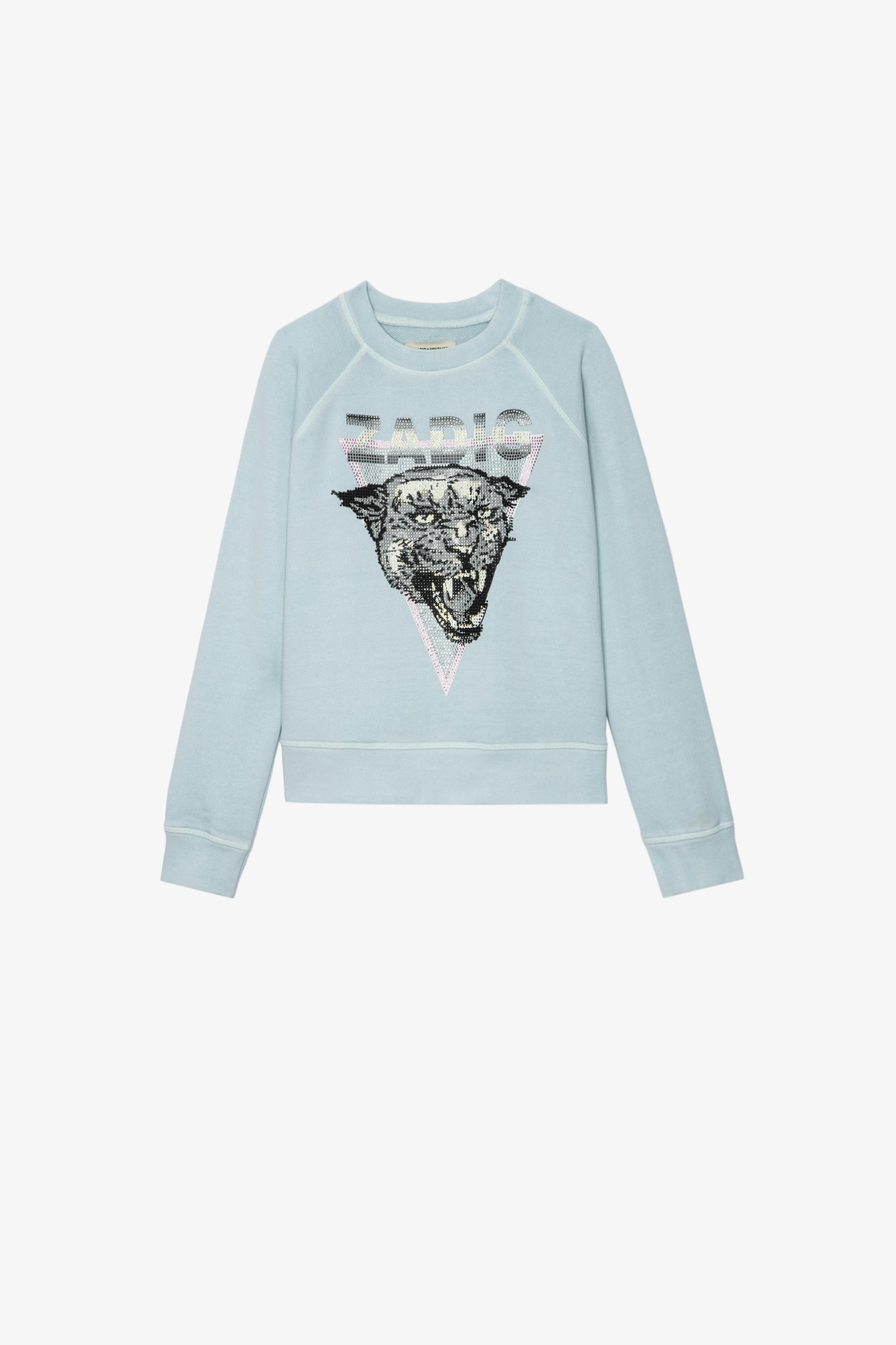 Kinder-Sweatshirt Upper Kinder-Sweatshirt aus himmelblauer Baumwolle mit einem mit Kristallen verzierten Tigermotiv