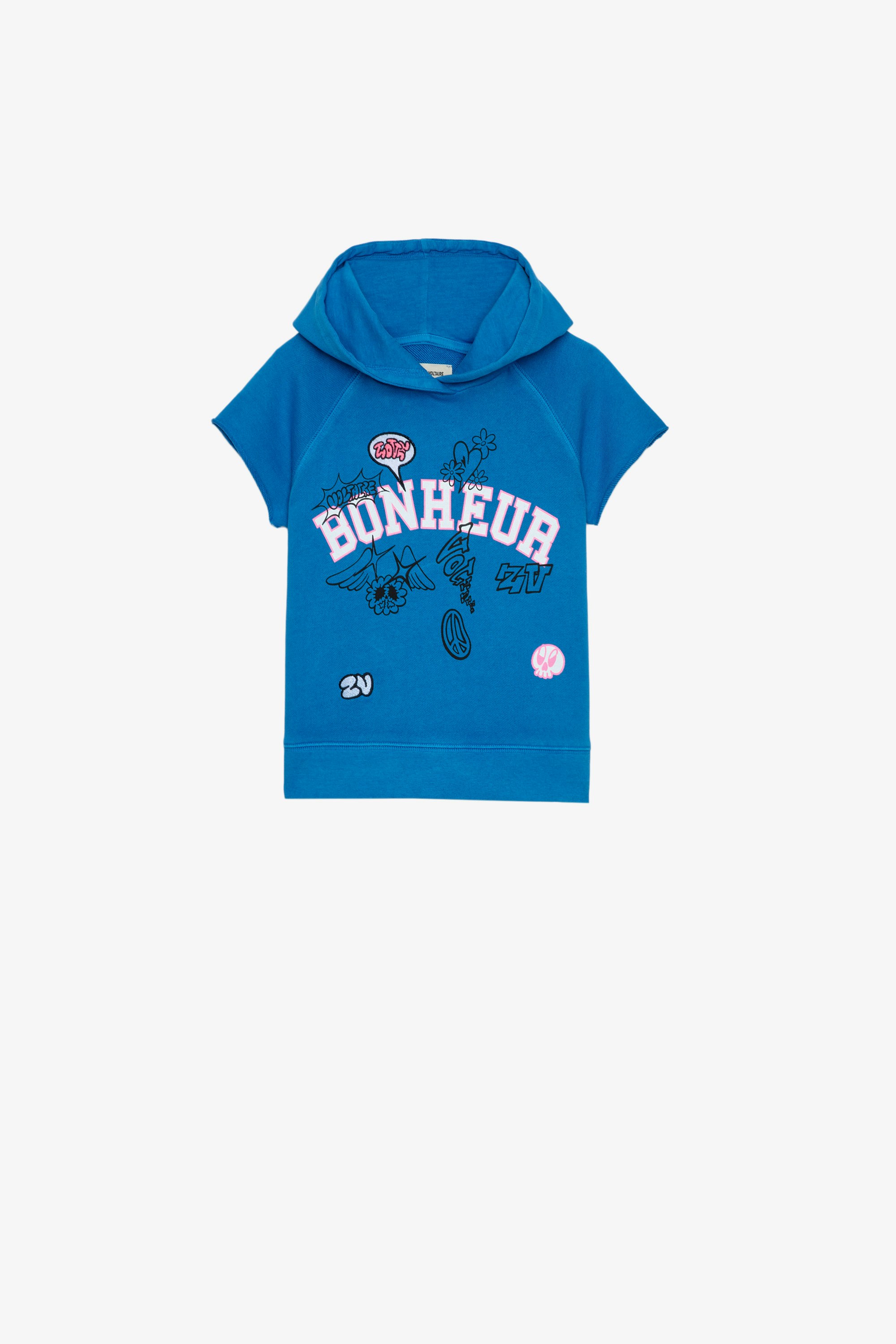 Sudadera Gorgia Infantil Sudadera sin mangas azul de algodón infantil con capucha, mensaje «Bonheur» y bordados