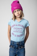 Boxo Children’s T-shirt - Children’s sky blue cotton short-sleeve Henley T-shirt with insignia print