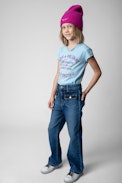 Boxo Children’s T-shirt - Children’s sky blue cotton short-sleeve Henley T-shirt with insignia print
