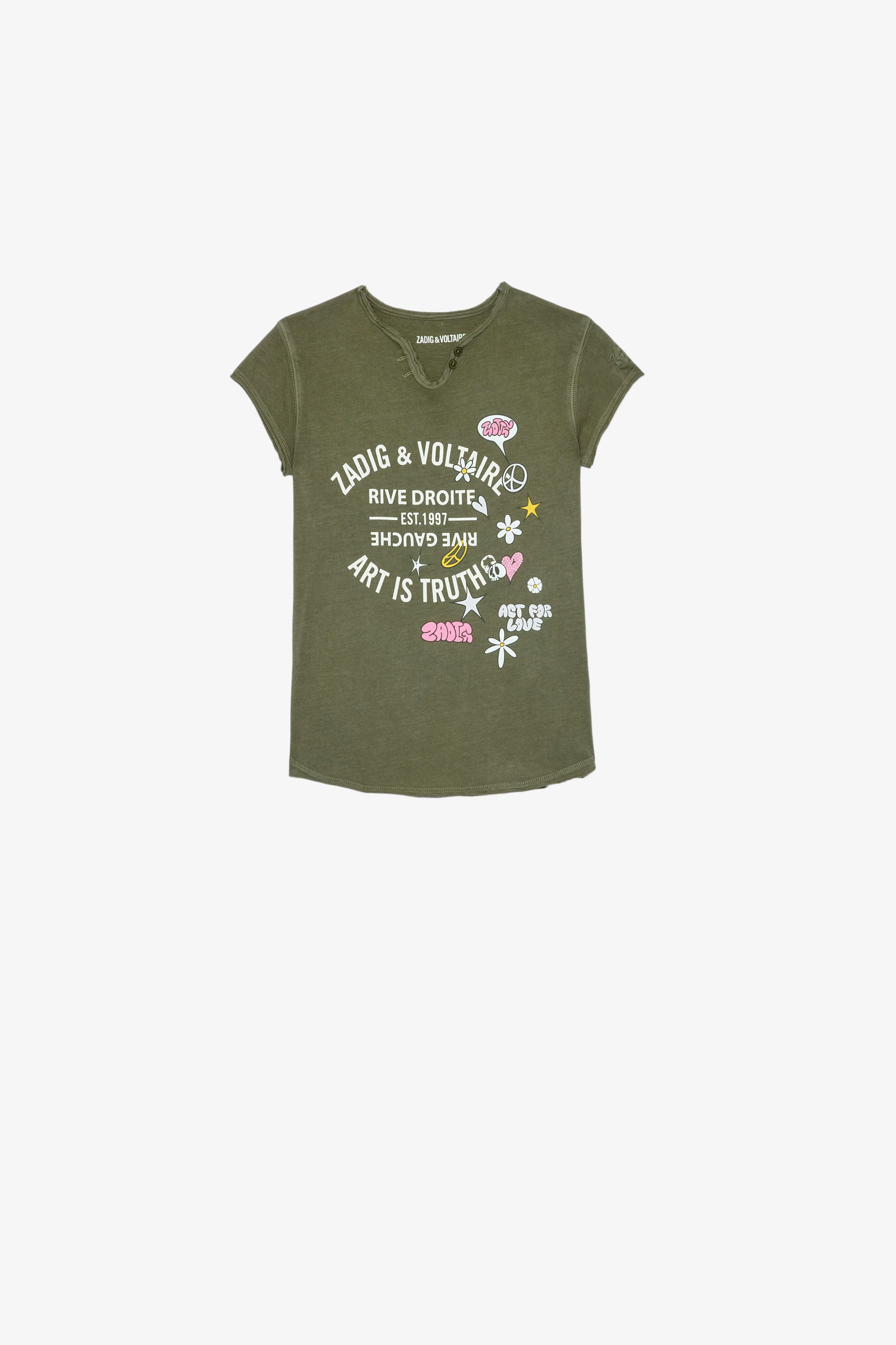 Camiseta Boxo Infantil Camiseta caqui de punto de algodón infantil con blasón con efecto metalizado y cristales y bordados de Core Cho