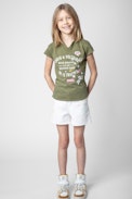T-shirt Boxo Junior - T-shirt in jersey di cotone kaki decorata con stemma effetto metallizzato con cristalli e ricami Core Cho - Junior
