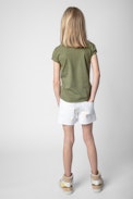 T-shirt Boxo Junior - T-shirt in jersey di cotone kaki decorata con stemma effetto metallizzato con cristalli e ricami Core Cho - Junior