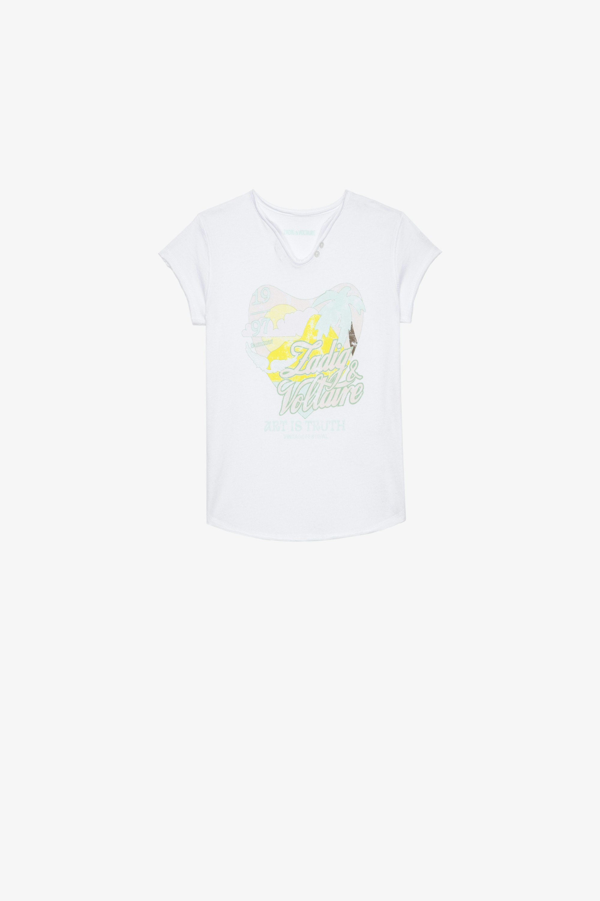 Kinder-T-Shirt Boxo Kinder-T-Shirt aus weißer Baumwolle mit einem kristallverzierten Print in Metallic-Optik und Stickereien