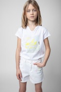 Kinder-T-Shirt Boxo - Kinder-T-Shirt aus weißer Baumwolle mit einem kristallverzierten Print in Metallic-Optik und Stickereien