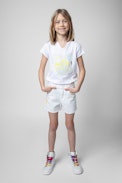 Kinder-T-Shirt Boxo - Kinder-T-Shirt aus weißer Baumwolle mit einem kristallverzierten Print in Metallic-Optik und Stickereien