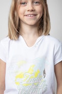 Kinder-T-Shirt Boxo - Kinder-T-Shirt aus weißer Baumwolle mit einem kristallverzierten Print in Metallic-Optik und Stickereien