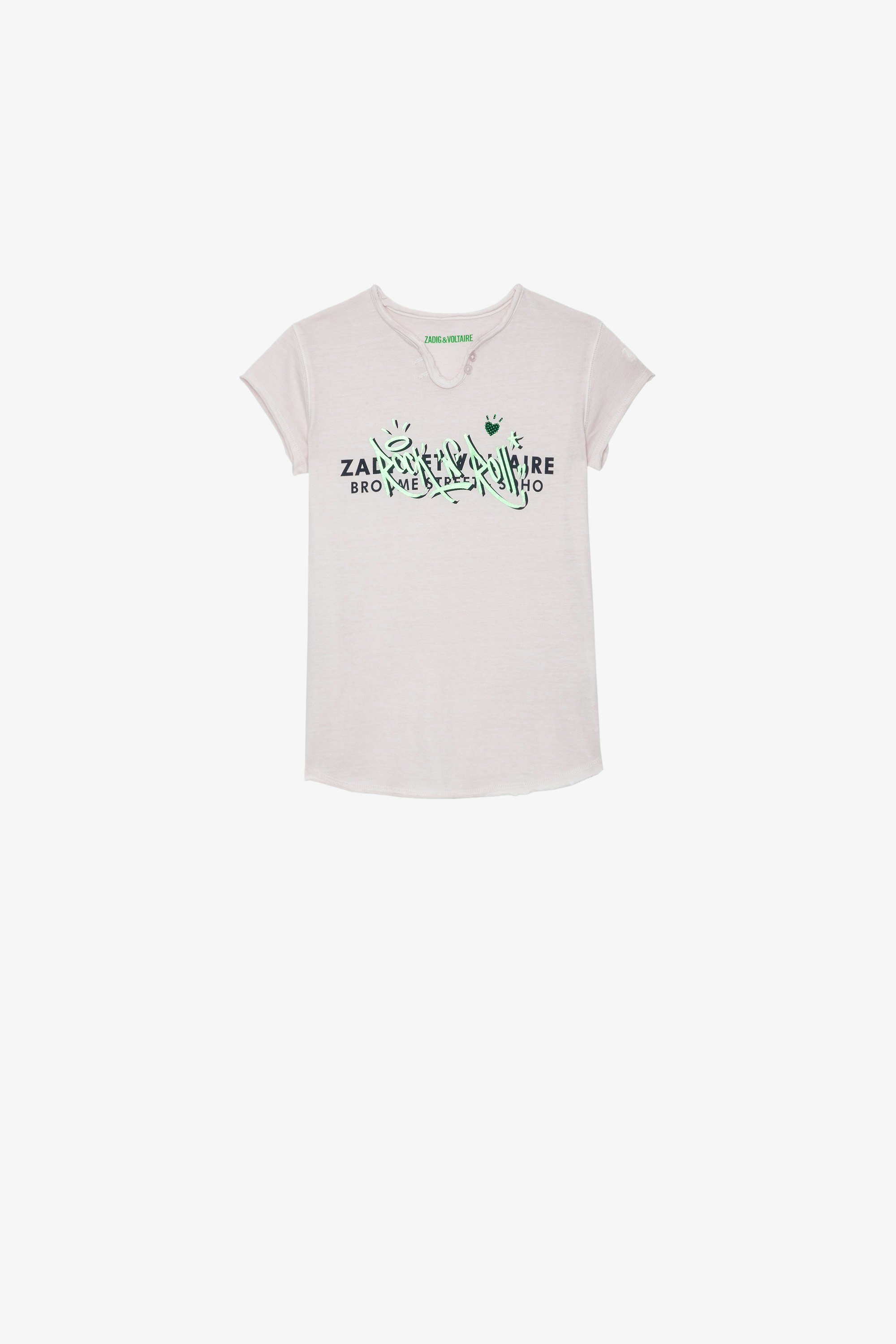 Camiseta Boxo Infantil Camiseta rosa de punto de algodón infantil con estampado metalizado con cristales y bordados