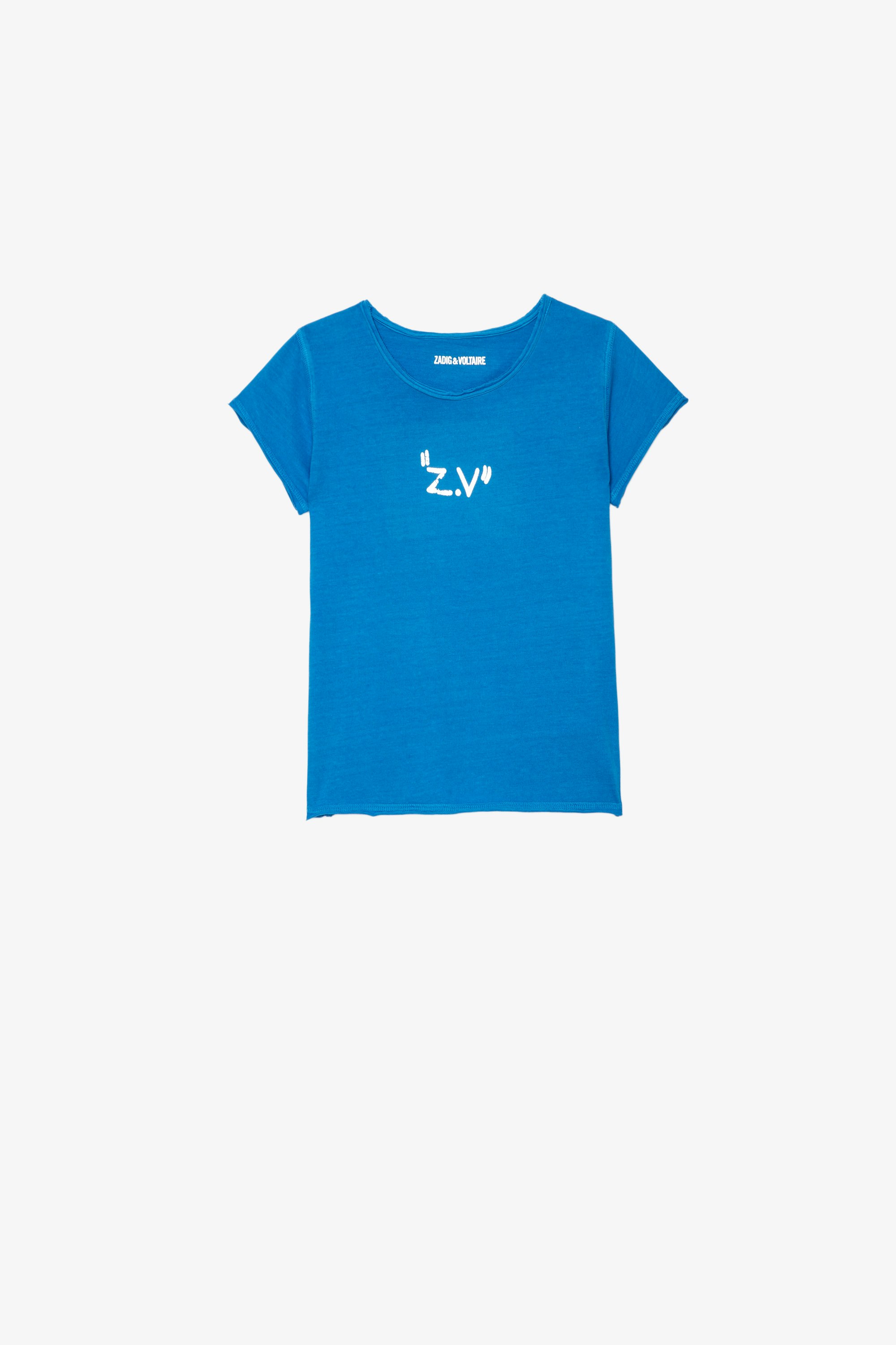 Kinder-T-Shirt Amber Kinder-T-Shirt aus blauem Baumwolljersey mit Prints in Metallic-Optik