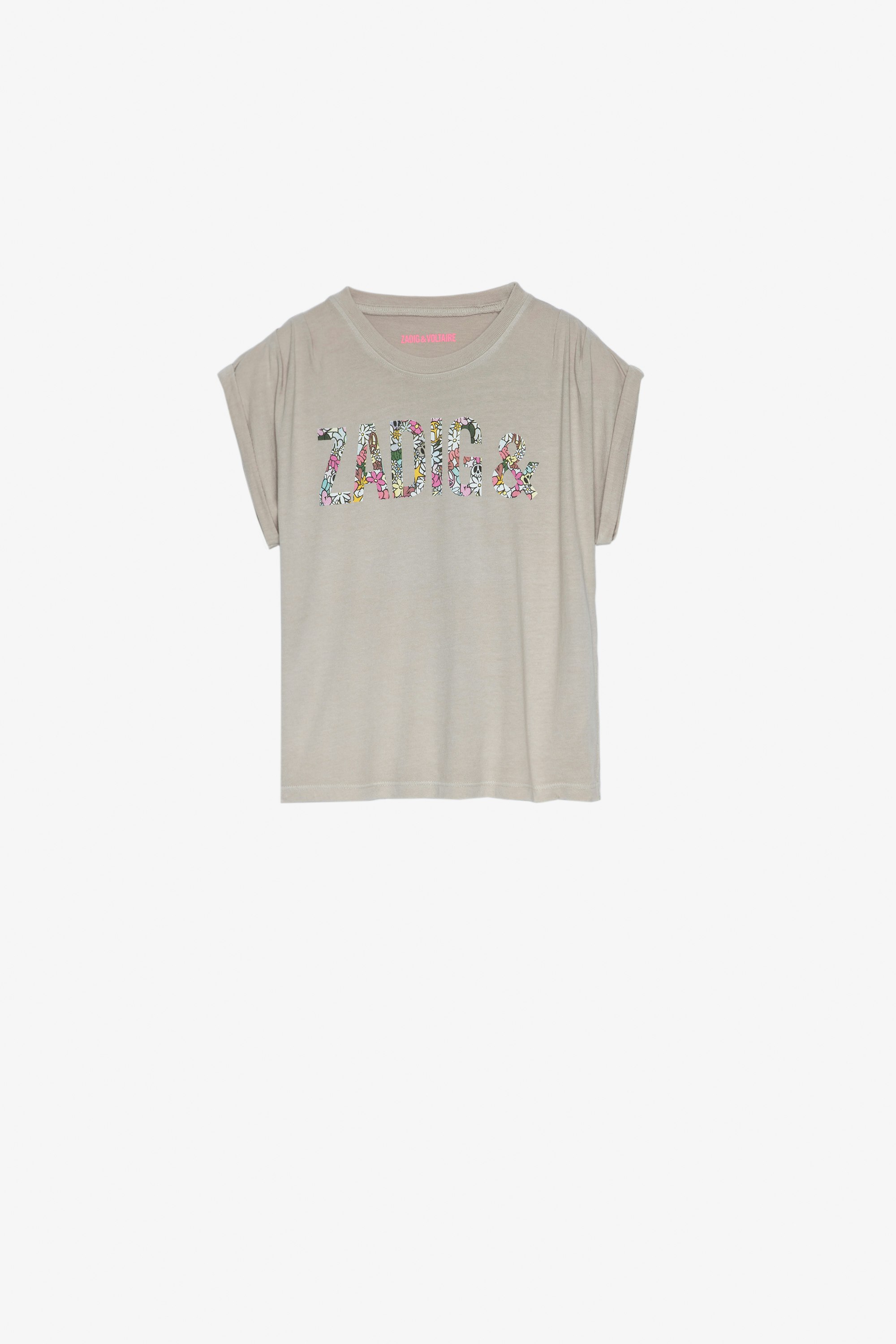 Kinder-T-Shirt Anie Ärmelloses Kinder-T-Shirt aus brauner Baumwolle mit aufgedruckter ZV-Signatur