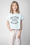 Woop Kids' T-Shirt - Kids’ T-shirt in sky-blue cotton jersey with round neck and short sleeves, featuring an insignia print