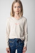 Boxo Girls’ T-Shirt - Girls’ beige long-sleeved cotton jersey T-shirt with prints.