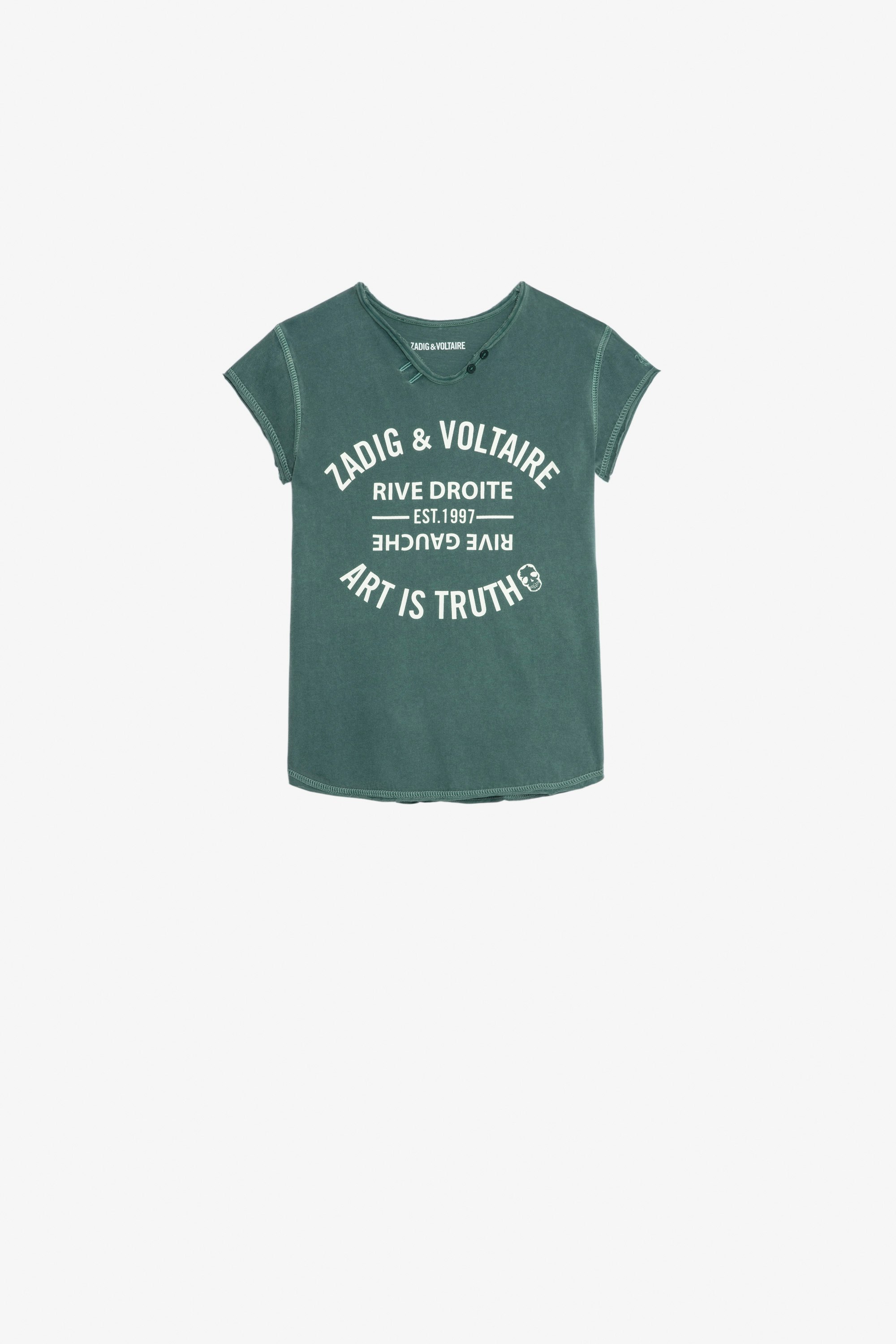 Camiseta Boxo Niña Camiseta verde oscuro de punto de algodón de manga corta estampado de escudo y bordado para niña.