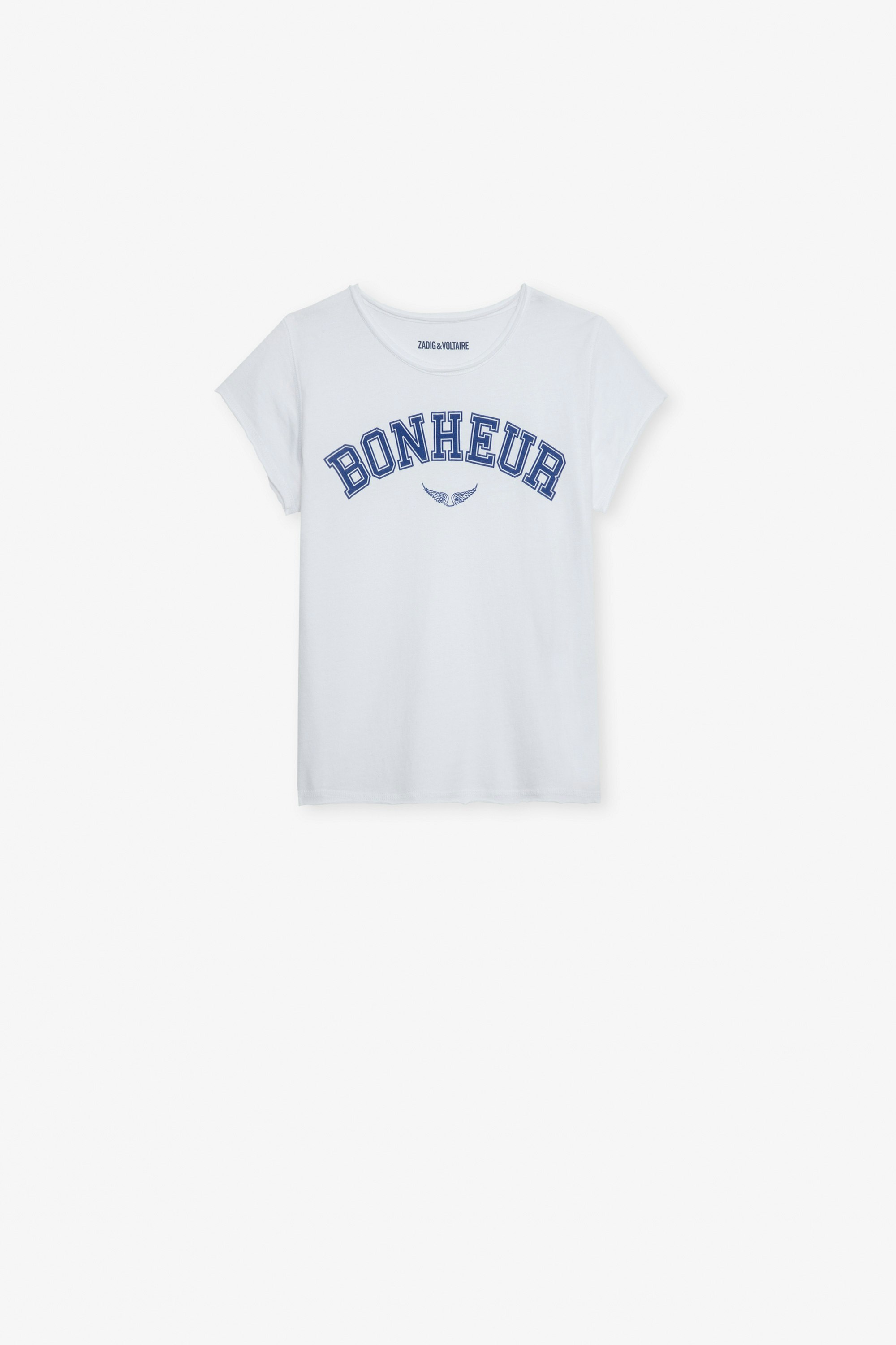 T-Shirt Amber für Mädchen - T-Shirt mit kurzen Ärmeln aus weißer Jersey-Baumwolle mit dem Schriftzug „Bonheur“ für Mädchen.