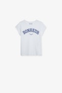 T-Shirt Amber für Mädchen - T-Shirt mit kurzen Ärmeln aus weißer Jersey-Baumwolle mit dem Schriftzug „Bonheur“ für Mädchen.