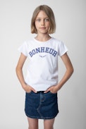 T-Shirt Amber für Mädchen - T-Shirt mit kurzen Ärmeln aus weißer Jersey-Baumwolle mit dem Schriftzug „Bonheur“ für Mädchen.