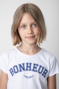 T-Shirt Amber für Mädchen - T-Shirt mit kurzen Ärmeln aus weißer Jersey-Baumwolle mit dem Schriftzug „Bonheur“ für Mädchen.