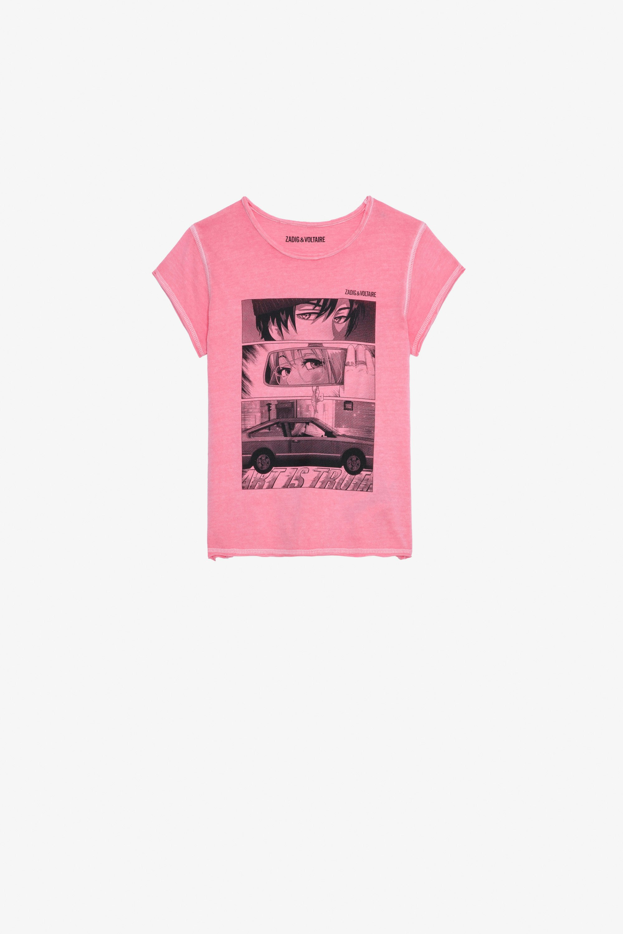Amber Girls’ T-Shirt Girls pink short-sleeved cotton jersey T-shirt with print.
