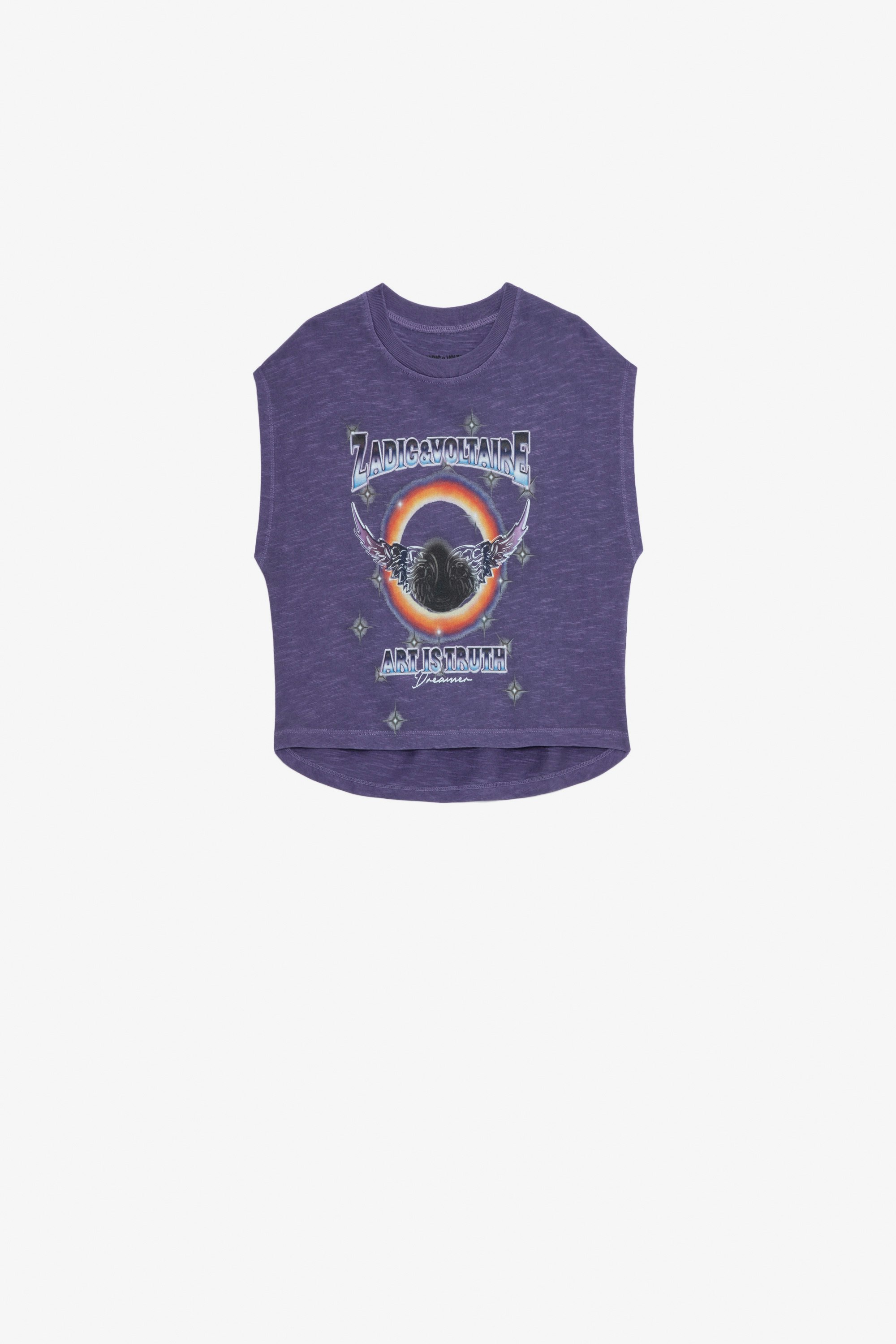T-shirt Thya Bambina - T-shirt a maniche corte in jersey di cotone fiammato viola con stampe da bambina.